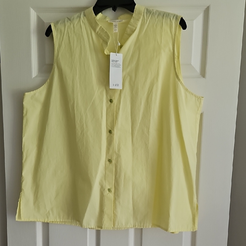 NWT Eileen Fisher Sleeveless 100% Organic Cotton Button-Down: L: Light Yellow